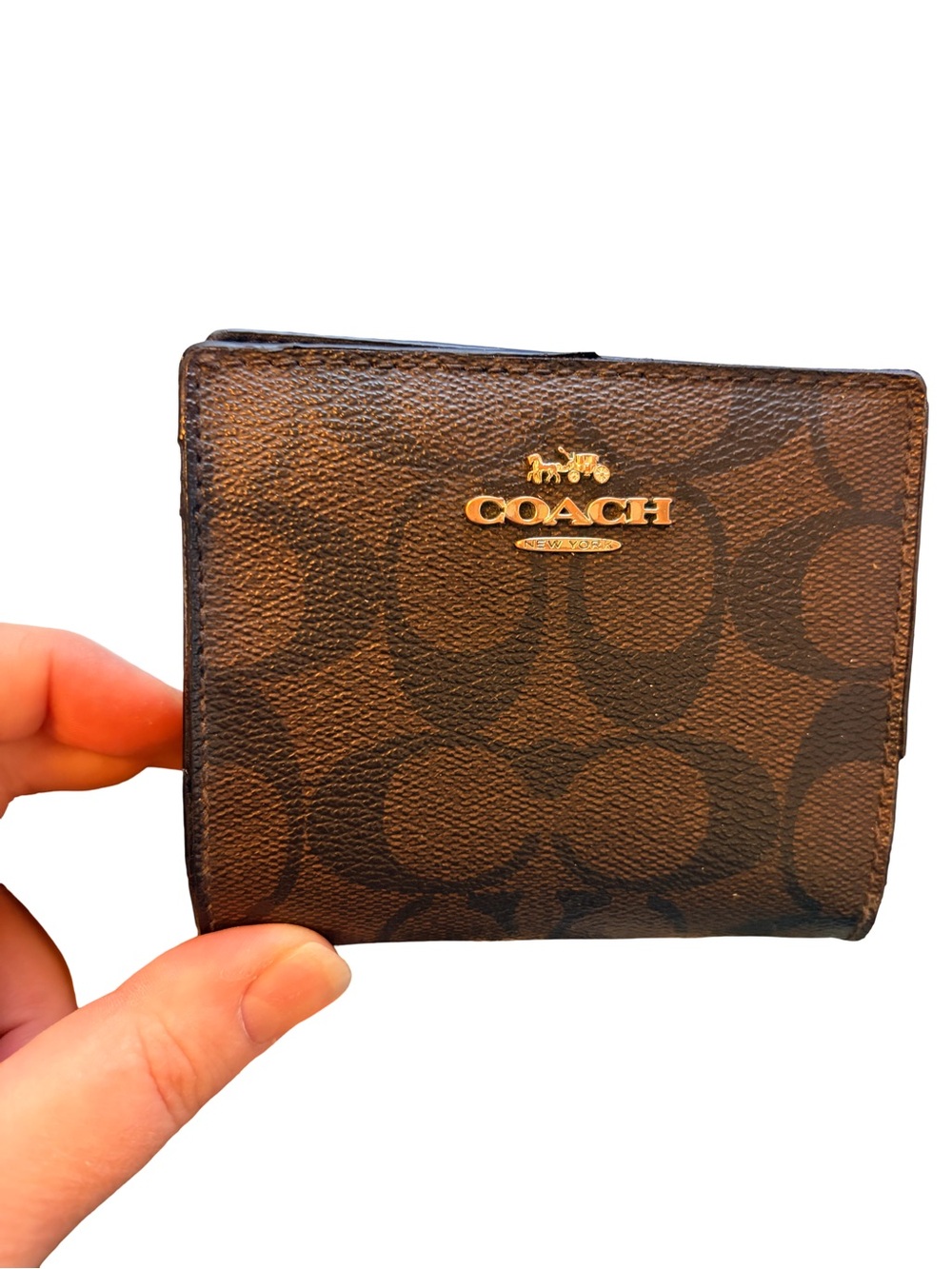 Coach Brown Signature Compact Bifold Wallet with Gold Logo PROJECT